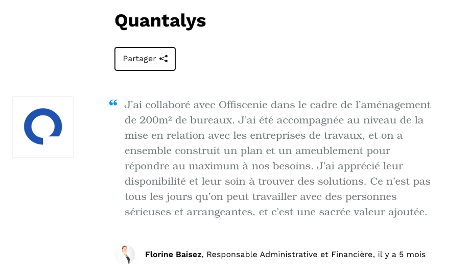 Le témoignage de Florine Baisez, Responsable Administrative et Financière de Quantalys, sur sa collaboration avec Offiscenie