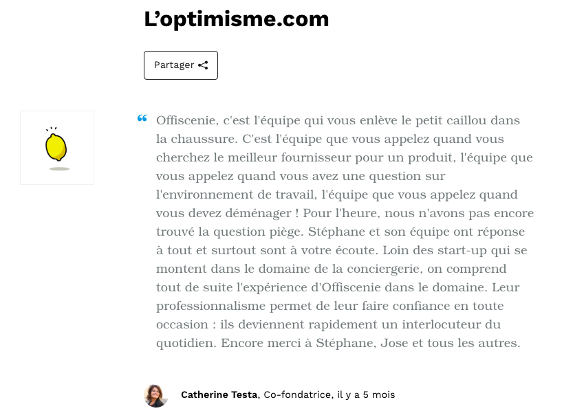 Le témoignage de Catherine Testa, Co-fondatrice de L'Optimisme.com au sujet de sa collaboraton avec Offiscenie