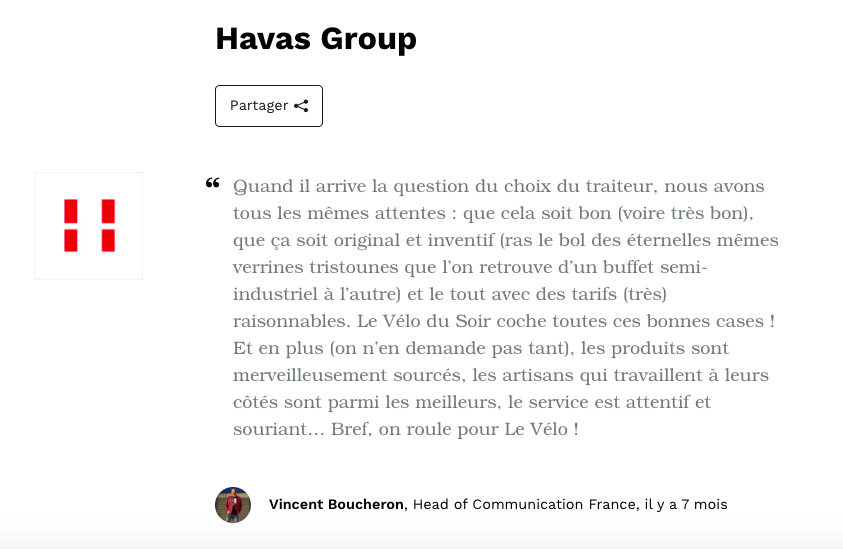 Le témoignage de Vincent Boucheron, Head of Communication France de Havas, sur la qualité du service Le Vélo du Soir