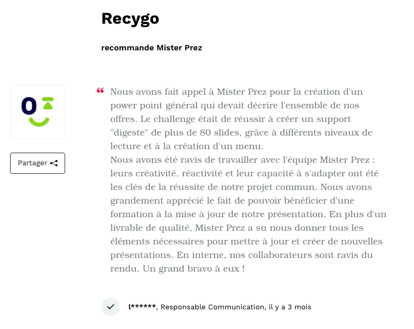 Le témoignage du Responsable Communication de Recygo sur les présentations Mister Prez