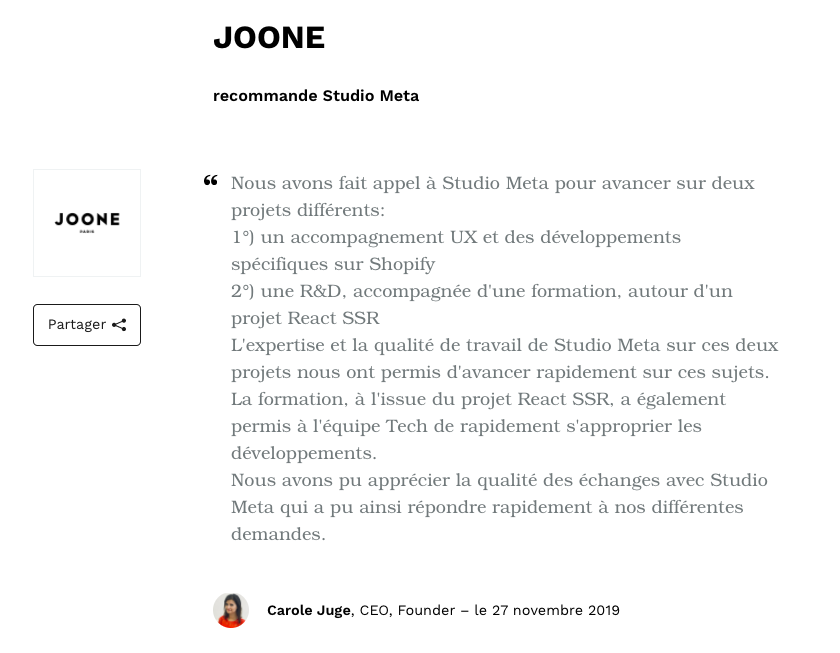 Témoignage de Caroline Juge, fondatrice de Joone, sur sa collaboration avec Studio Meta
