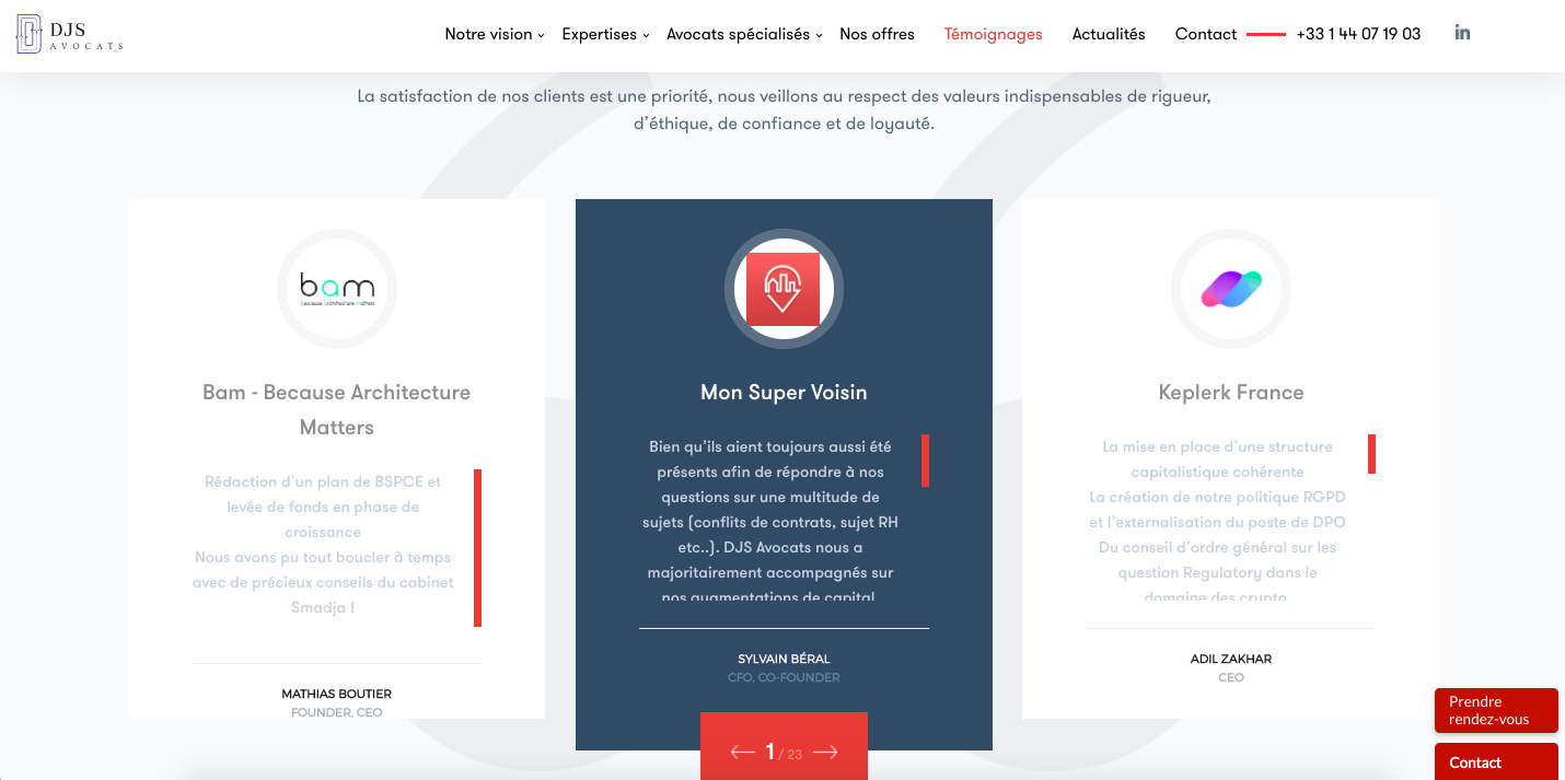 Exemple de page de témoignages clients du cabinet DJS Avocats