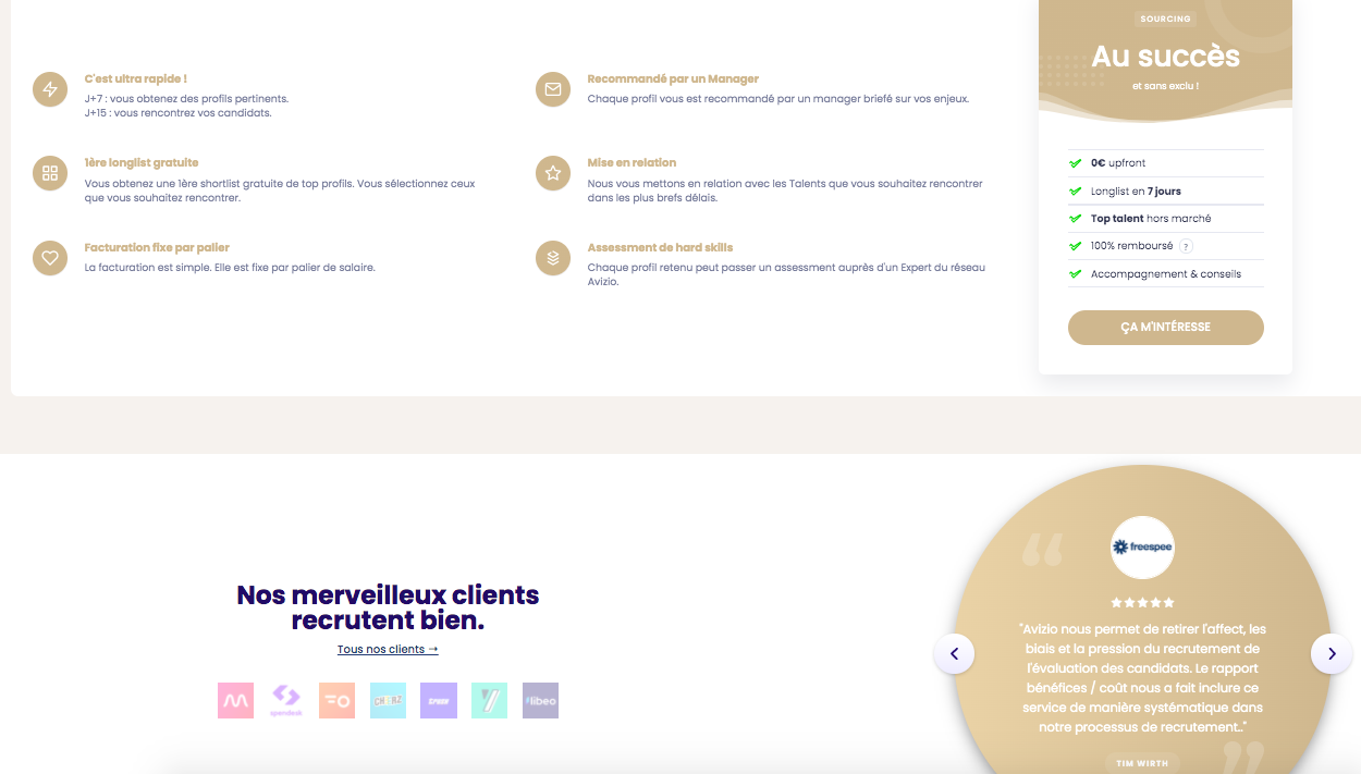 Exemple de page de service qui inclut des témoignages clients - Site d'Aviz.io